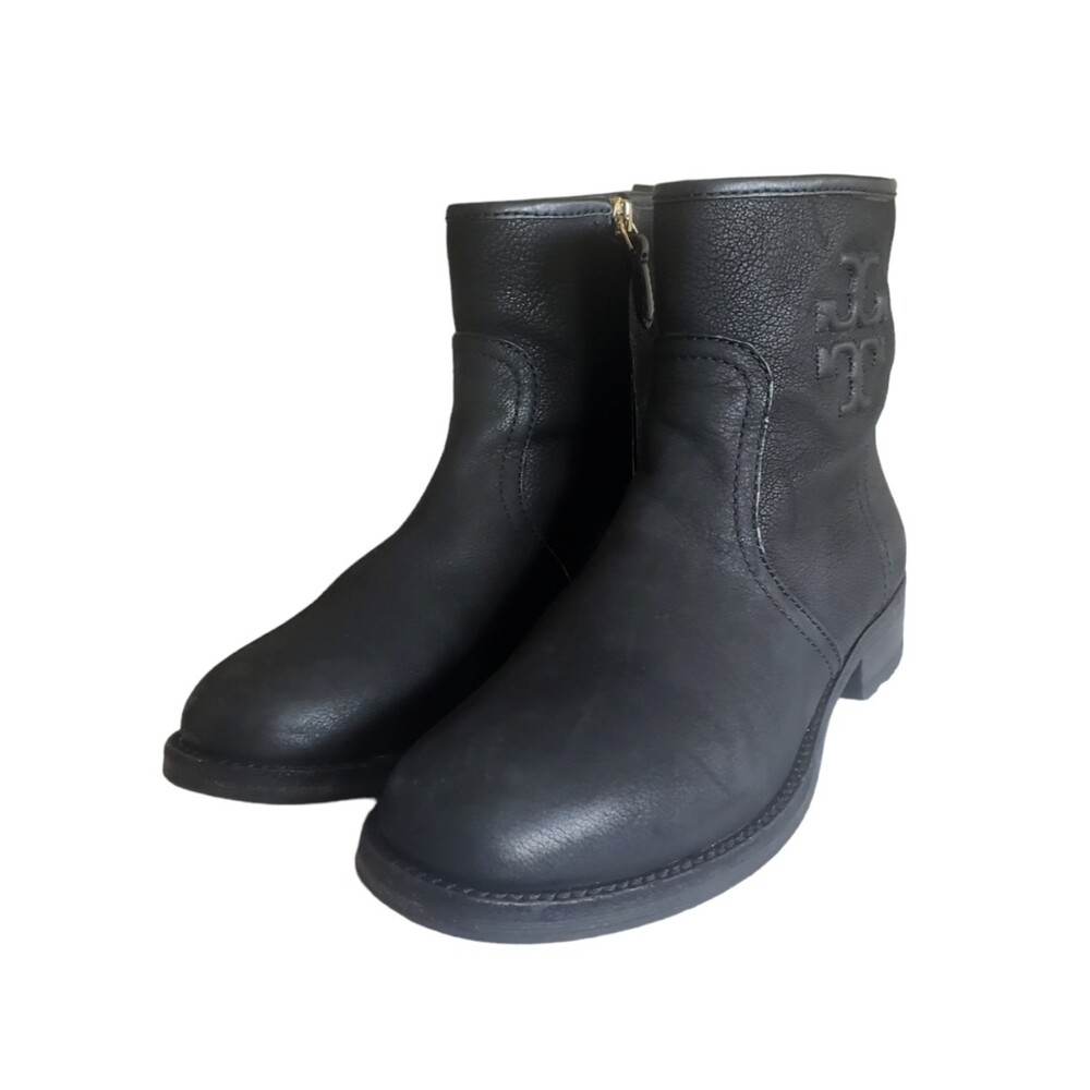 Tory Burch Simone Black Distressed Leather Zip Ankle Boot Bootie Shoes Size 7.5